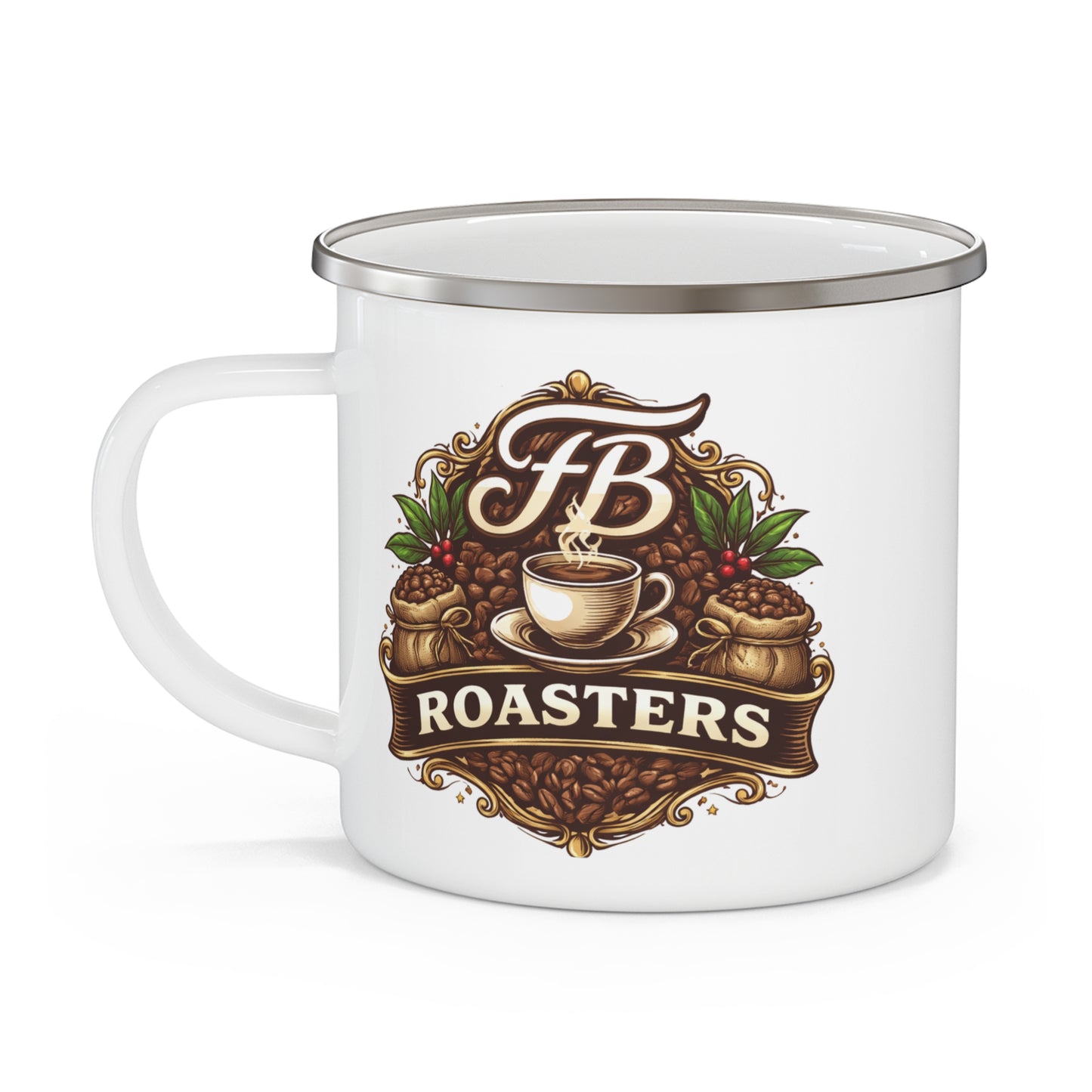 White mug with 'FB Roasters' coffee-themed design on a white background