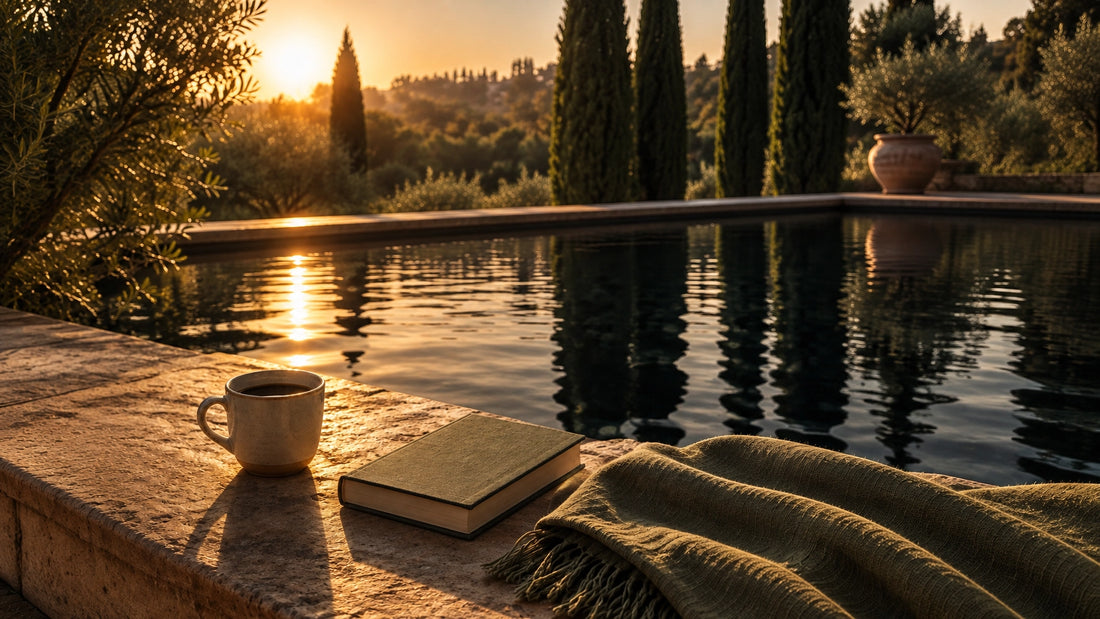 A ceramic mug of black coffee and a closed book beside a fringed olive throw on a stone poolside ledge at sunset