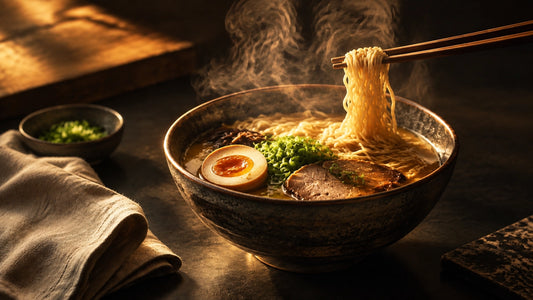A simple steaming ramen bowl with noodles, broth, scallions, and a jammy egg