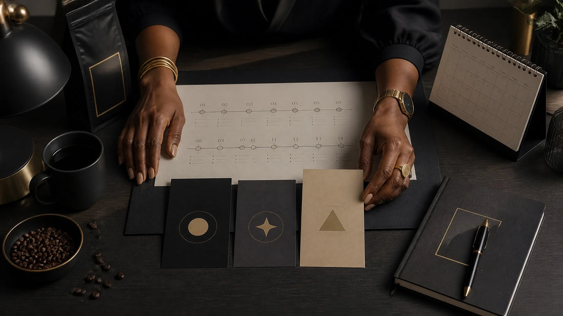 Black executive planning a 14-day recognition rollout with coffee, books, tier cards, and a calendar