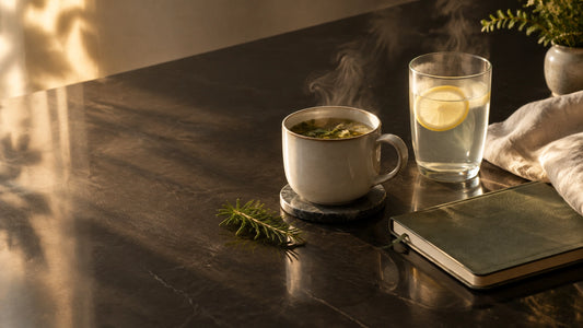 Warm Sunday morning light over herbal tea, lemon water, rosemary, and a journal on a dark table