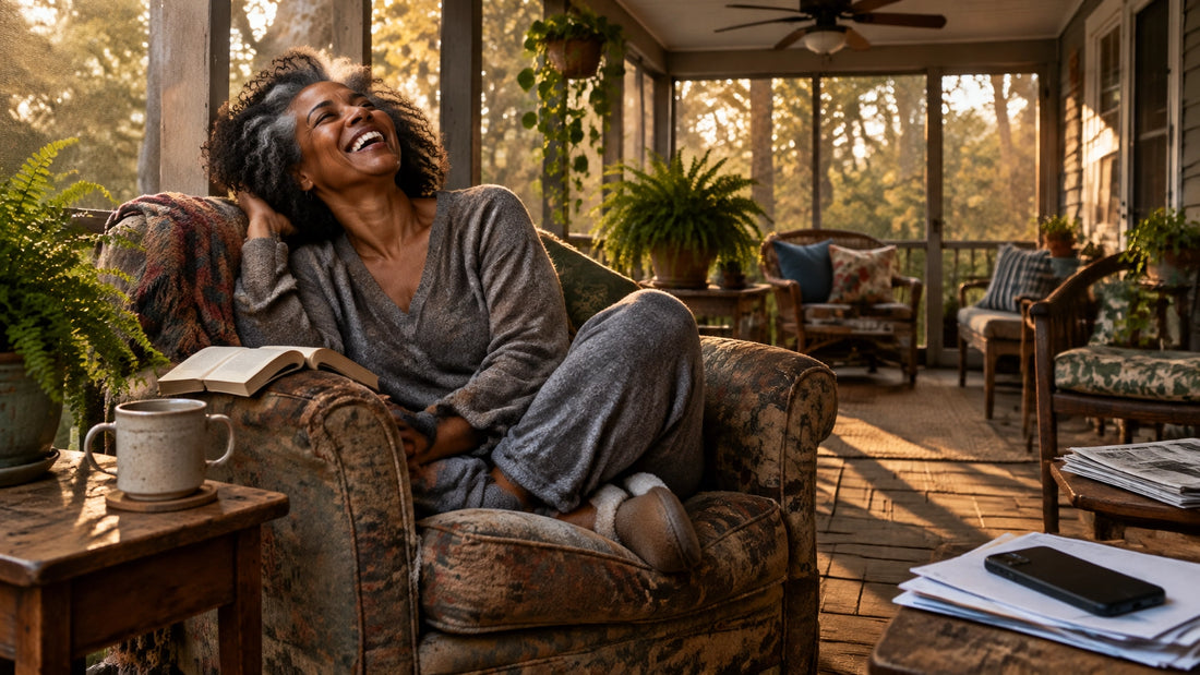 A woman laughing openly in a worn armchair on an enclosed back porch, a book face-down on the chair arm and a phone lying unt