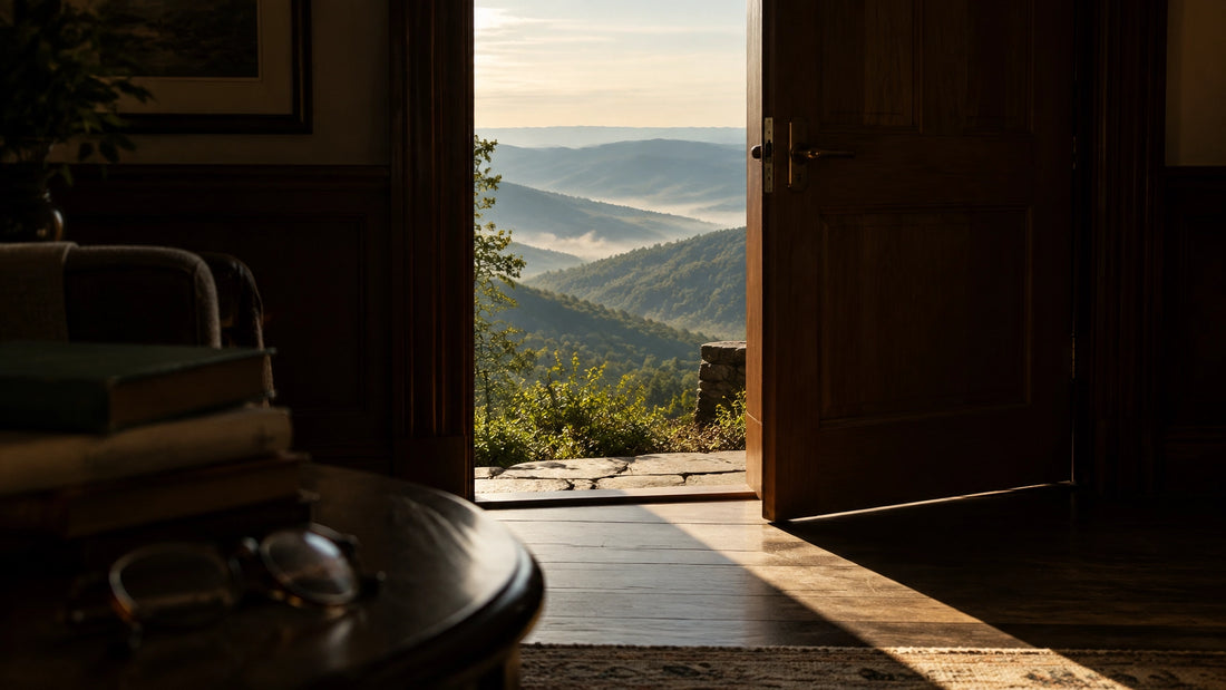 A wooden door standing partially open, morning light falling across a plank floor with Lookout Mountain ridges beyond