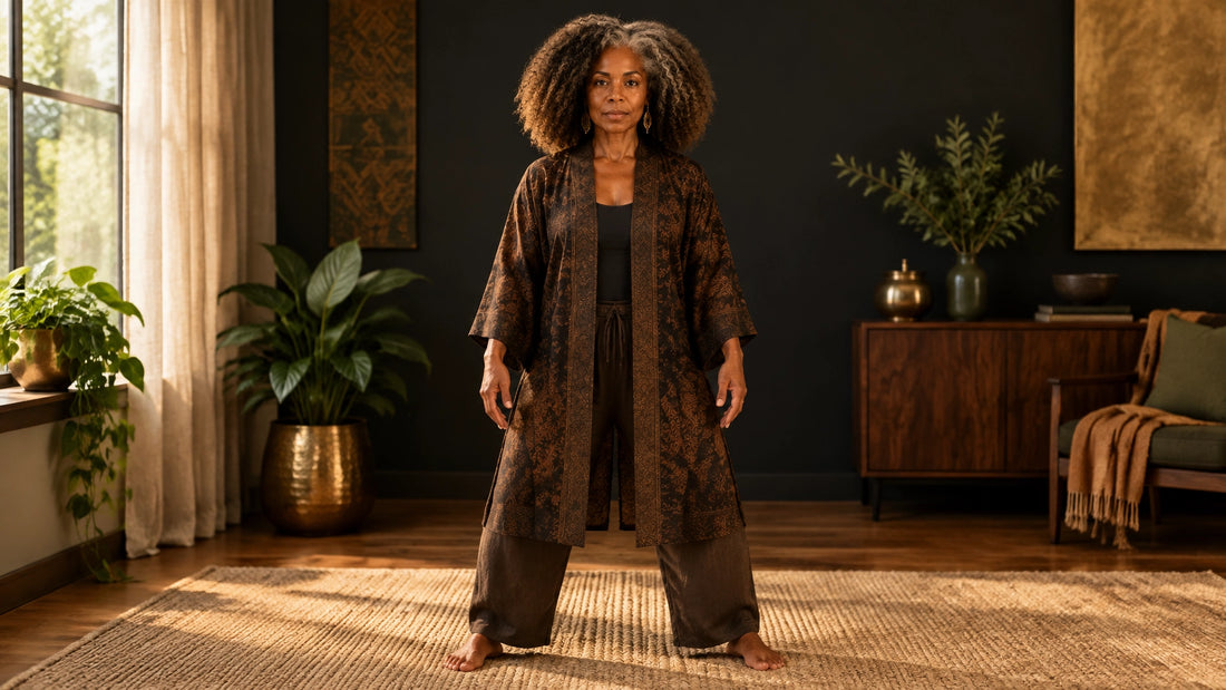 A caramel-complexioned Black woman facing forward in the grounded Wuji posture for an accessible qigong practice