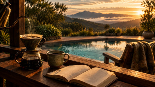 Pour over coffee beans brewing in a ceramic dripper on a warm wooden porch overlooking a pool and mountain ridgeline at golde
