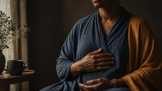 Black adult person in soft natural light with relaxed shoulders and one hand resting lightly near the center of the body