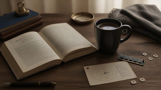 Espresso beside an open copy of Mostly Harmless with subtle forgotten-computer and cosmic mission cues