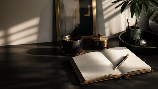 A warm, calm end-of-week workspace with coffee, an open journal, and late-afternoon light