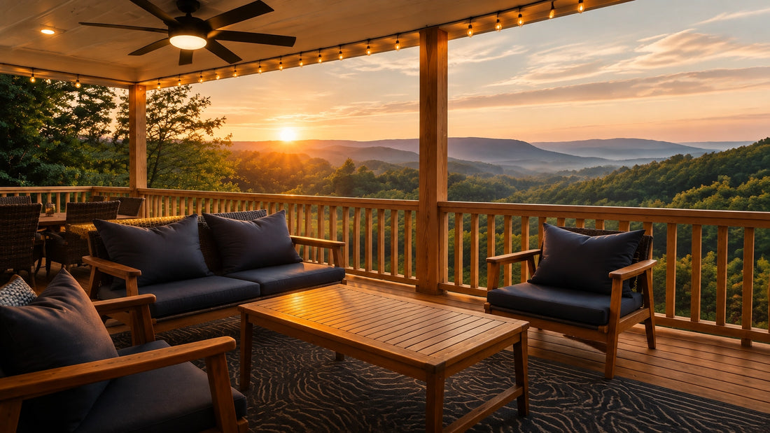 Covered wooden porch at golden hour overlooking hazy mountain ridges with dark cushioned seating and string lights overhead