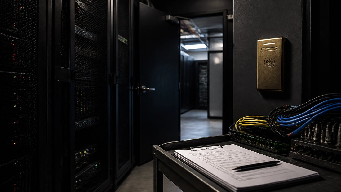 A dark server corridor with an open access door leading into a misaligned illuminated room