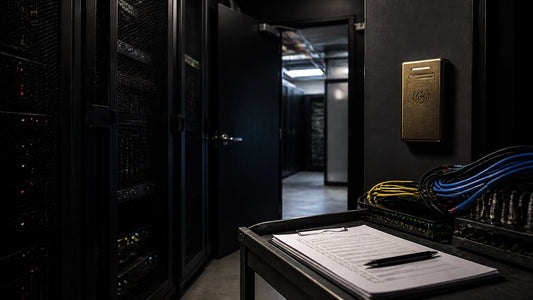 A dark server corridor with an open access door leading into a misaligned illuminated room