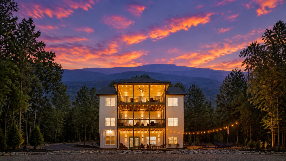 Soul of the Valley retreat house glowing beneath layered mountains at dusk