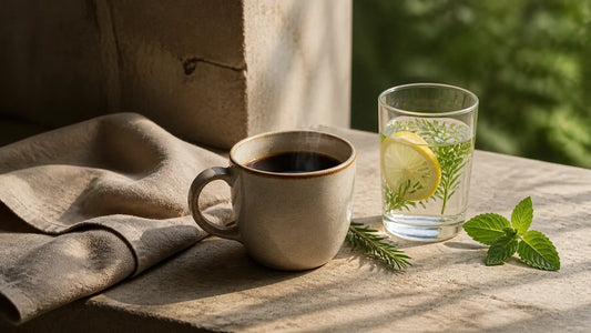 A quiet Sunday morning still life with warm coffee, cold lemon water with fresh herbs, and soft light on a stone ledge