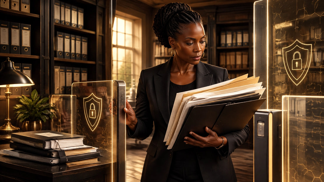 A Black woman inspecting a secure perimeter around investment records before allowing them through