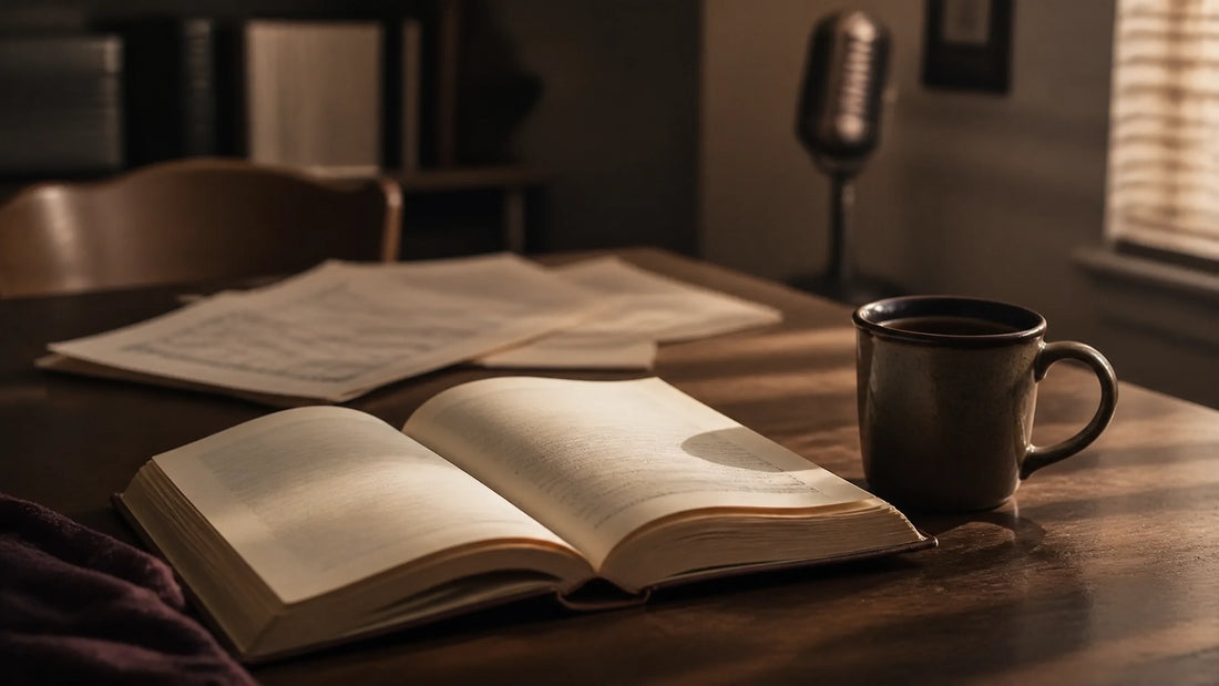 An open novel beside a warm cup of coffee, with softly blurred sheet music and a vintage microphone in the background