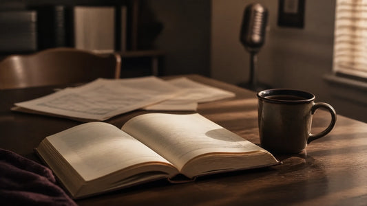 An open novel beside a warm cup of coffee, with softly blurred sheet music and a vintage microphone in the background