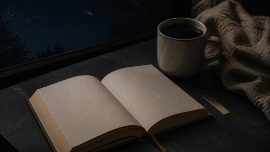 Open generic book beside coffee in low weekend light with a subtle star-field reflection