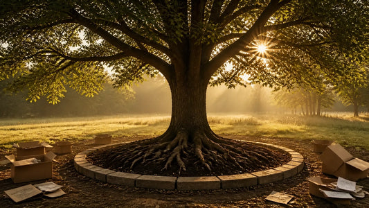 A mature tree with visible roots inside a clear stone perimeter, surrounded by warm light and uncluttered earth