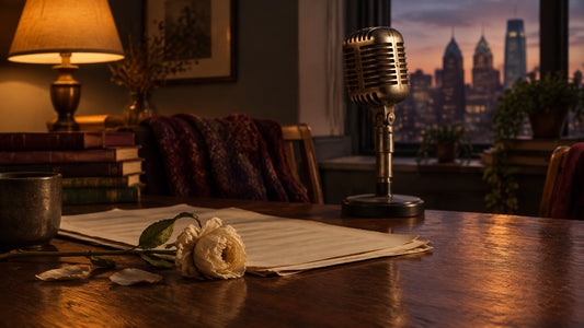 A wilted flower beside sheet music and a vintage microphone in a warmly shadowed Philadelphia room