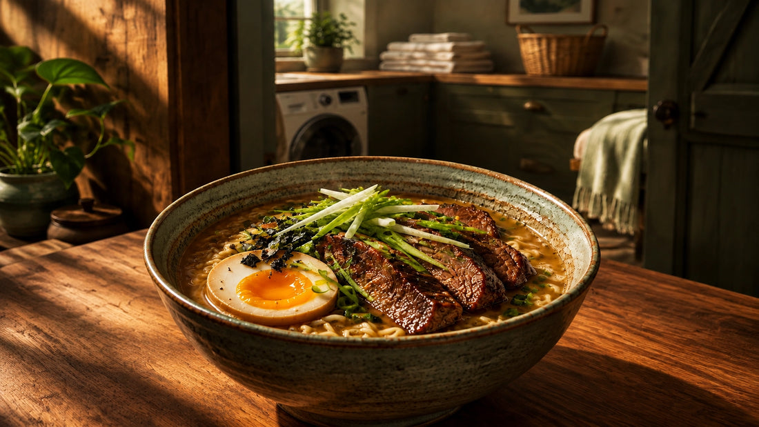 A rustic ceramic bowl of ramen with braised beef short rib slices, a jammy soft boiled egg, and julienned green onions on a w