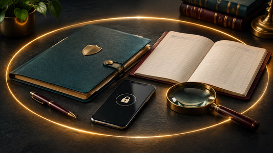 Bank folder, blank account ledger, secure phone, and magnifying glass inside a protective golden perimeter