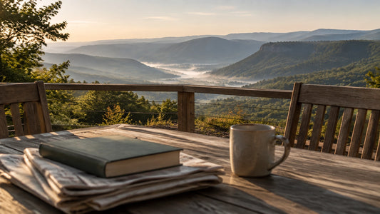 A stack of newspapers and a closed book on a wooden deck table overlooking Lookout Mountain at sunrise