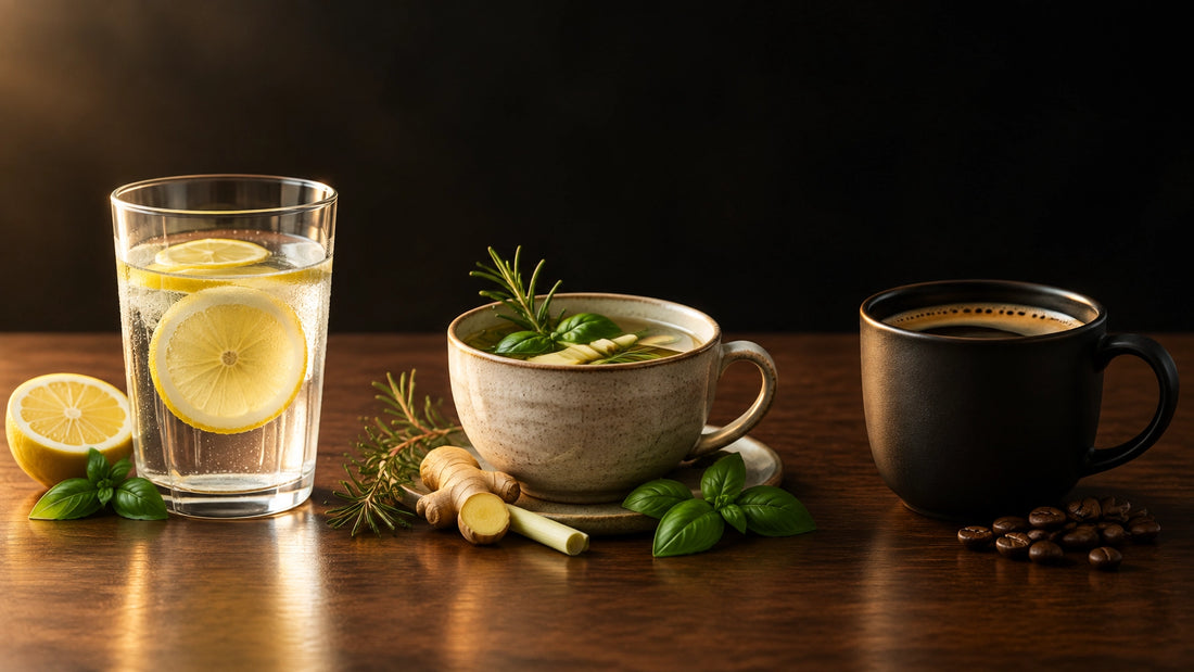 Sunday morning still life with lemon water, herbal tea, and coffee arranged in sequence