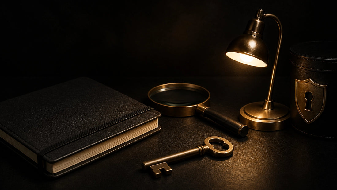 Moody black-and-bronze desk with a notebook, key, and lamp representing job-search verification