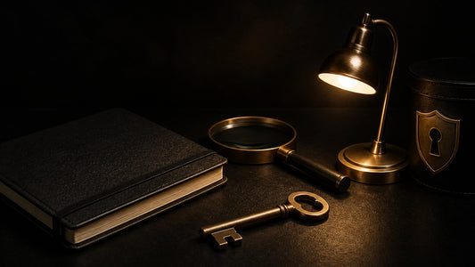 Moody black-and-bronze desk with a notebook, key, and lamp representing job-search verification