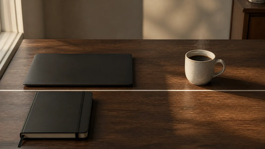 Closed laptop, notebook, boundary line, and morning coffee on a desk
