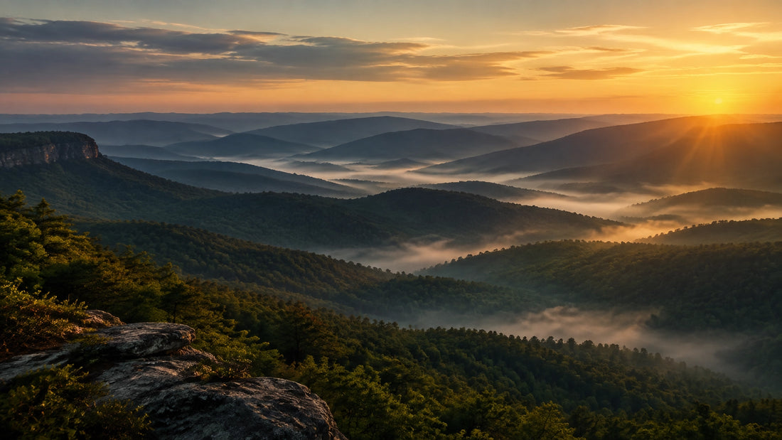 Sunrise over layered Lookout Mountain ridges with mist filling the valleys