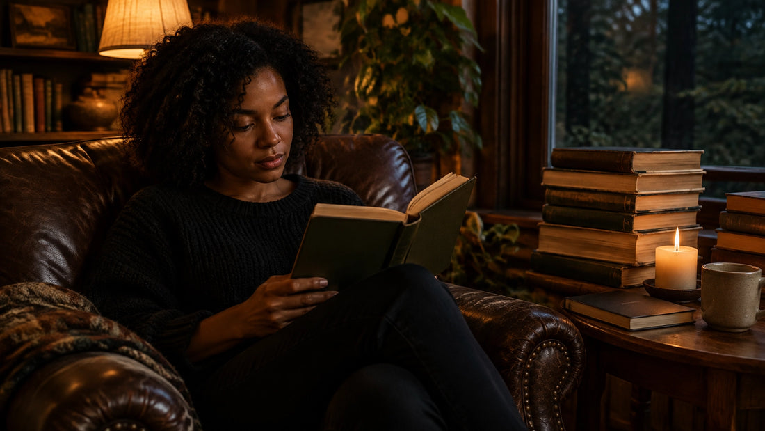 A woman reading a plain unmarked hardcover in a leather armchair beside stacks of books and a lit candle in a warm lamplit ro