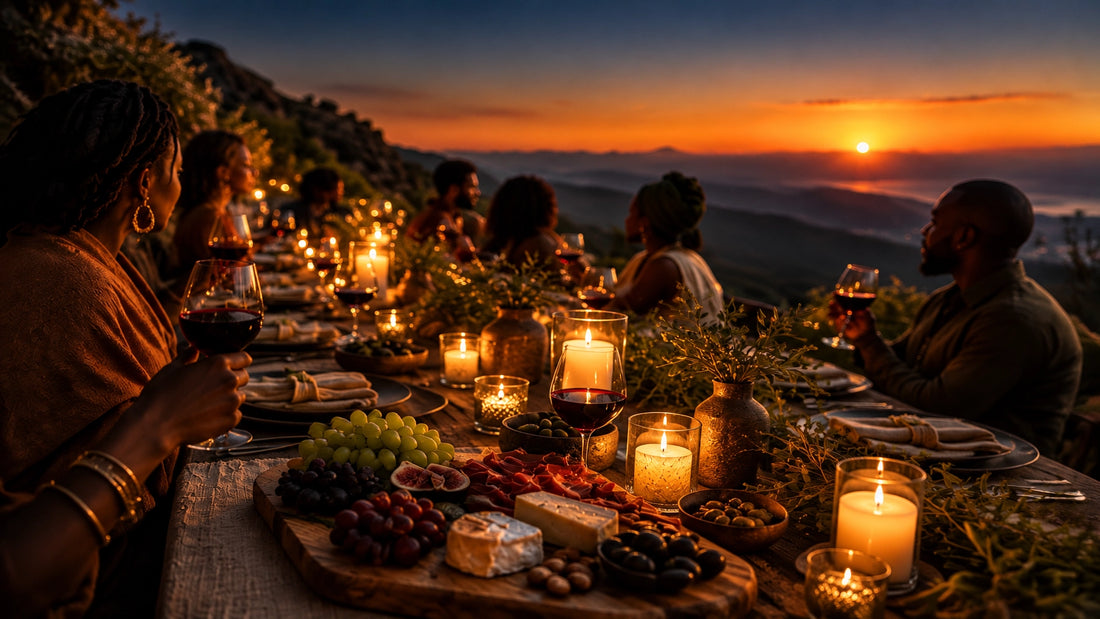 Guests gathered around a candlelit table at dusk on a mountain terrace overlooking layered ridges