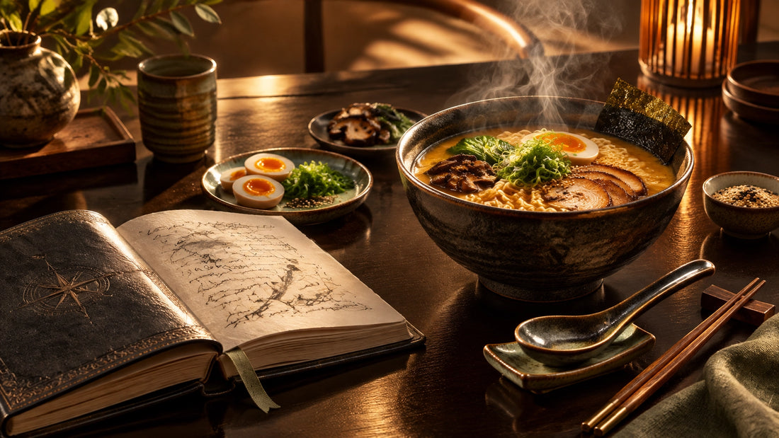 A steaming bowl of ramen with approved toppings beside a leather-bound journal in warm gold light