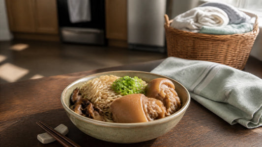 A warm home kitchen with garlic soba noodles, mushrooms, green onions, and roasted pig feet beside folded laundry