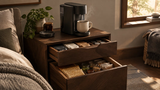 A Neo Concino coffee machine on a dark wooden geometric cabinet with partially open drawers holding coffee, ramen, and dried 
