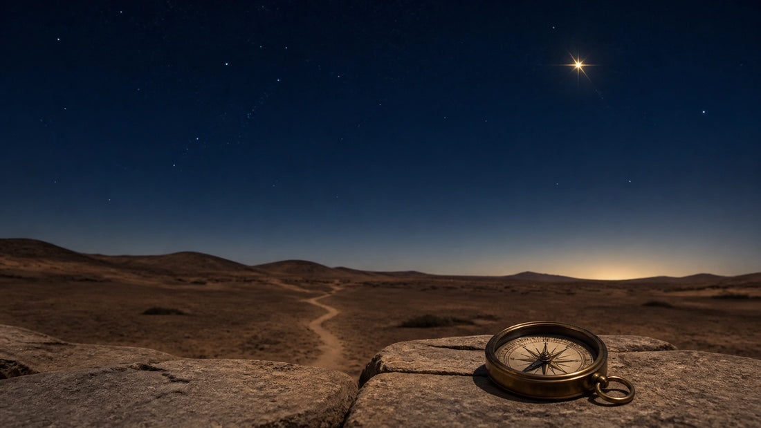 A brass compass resting on a quiet desert path beneath a deep navy sky and a single restrained gold star
