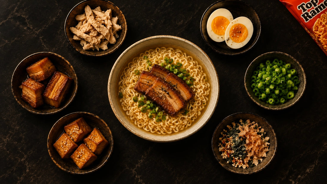 A cinematic top-down bowl of simple Top Ramen with small portions of approved toppings arranged around it