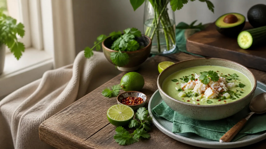 Warm avocado-cucumber soup topped with lump crab, cilantro, cucumber, lime, and chili flakes