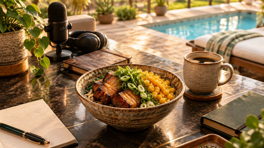 A bowl of noodles topped with braised pork belly, green onions, and corn beside coffee and a podcast microphone in a poolside