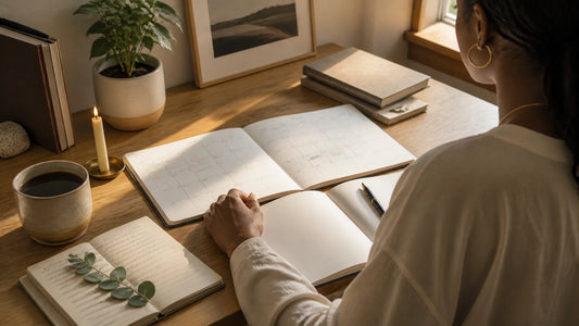 A non-identifying Black woman reviewing a calendar and notebook beside coffee and a single birthday candle in warm golden-hou